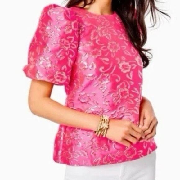 Lilly Pulitzer Pratt Top - S, Pink Gold Brocade, Puff Sleeve, Holiday Party NWT - Picture 1 of 10
